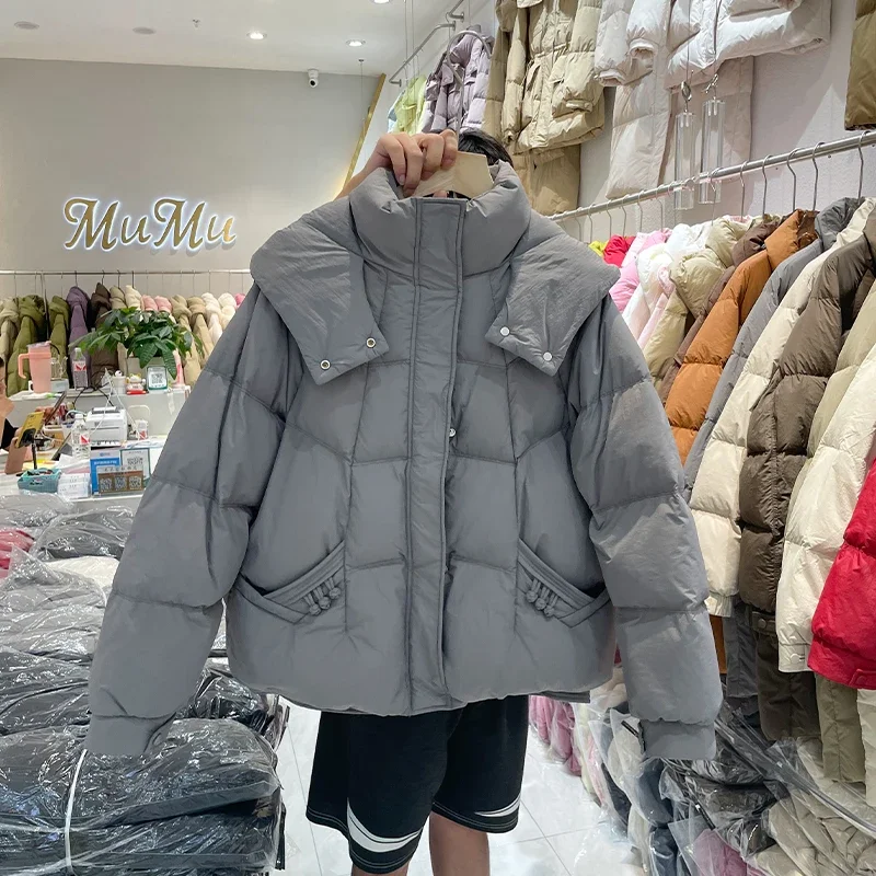 

2025 Women's Puffer Winter Jacket Hooded Pockets Parkas Warm Coats Female White Duck Down Jacket Outerwear Streetwear