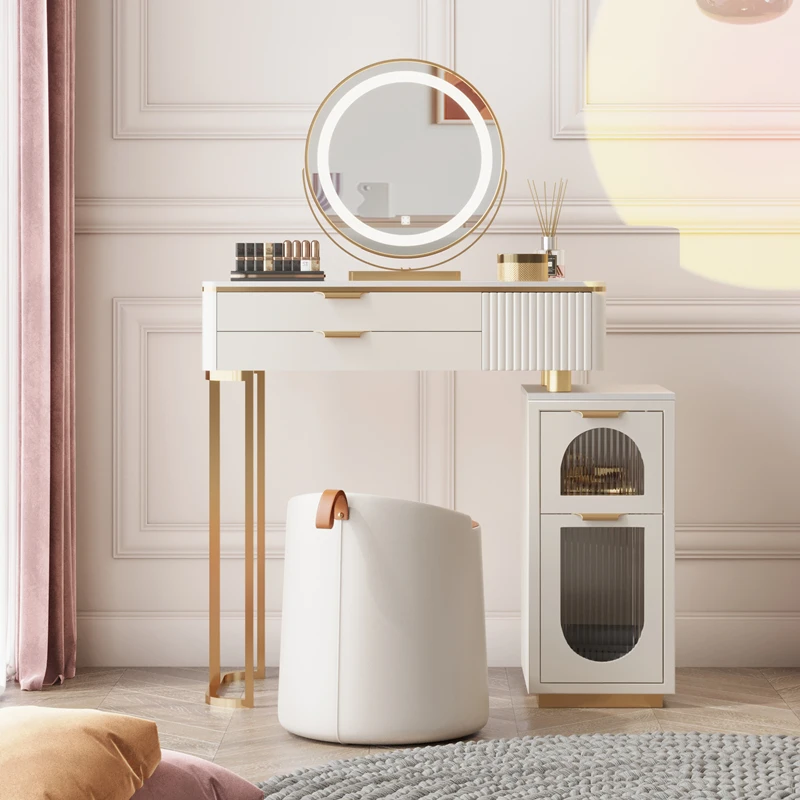 Luxury Nordic Wood Vanity Table Storage Mirror Women Girls Make Up Vanity Desk Unique White Schminktisch Bedroom Furniture