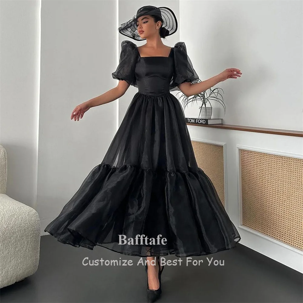 Bafftafe Schwarzes Organza-Abschlussballkleid, quadratischer Ausschnitt, kurze Ärmel, formelles Partykleid für Damen, Heimkehr, Abschlusskleider,