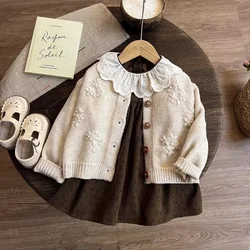 Girls Sets Fashion Lace Collar Embroidery Knitted Sweater All Over Print Floral Dress 2024 Autumn New Childrens Two Piece Sets
