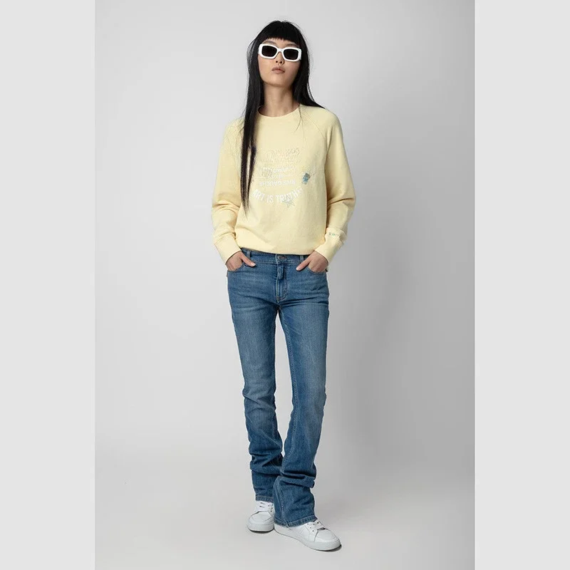 Early Autumn New French Niche ZV Gold and Silver Thread Rice Moon Mouse Embroidery Embroidery Crew Neck Yellow Women's Sweater