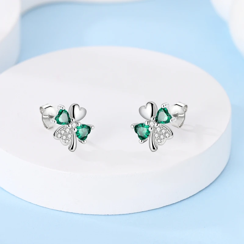 

New 925 Sterling Silver Lucky Four-leaf Clover Stud Earrings Sparkling Zircon Earrings For Women Fine Birthday Jewelry Gifts