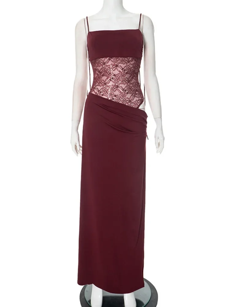 XIAOTANG pure dentelle Sexy robe Maxi pour les femmes élégant évider Spaghetti sangle sans manches dos nu moulante soirée longue robe