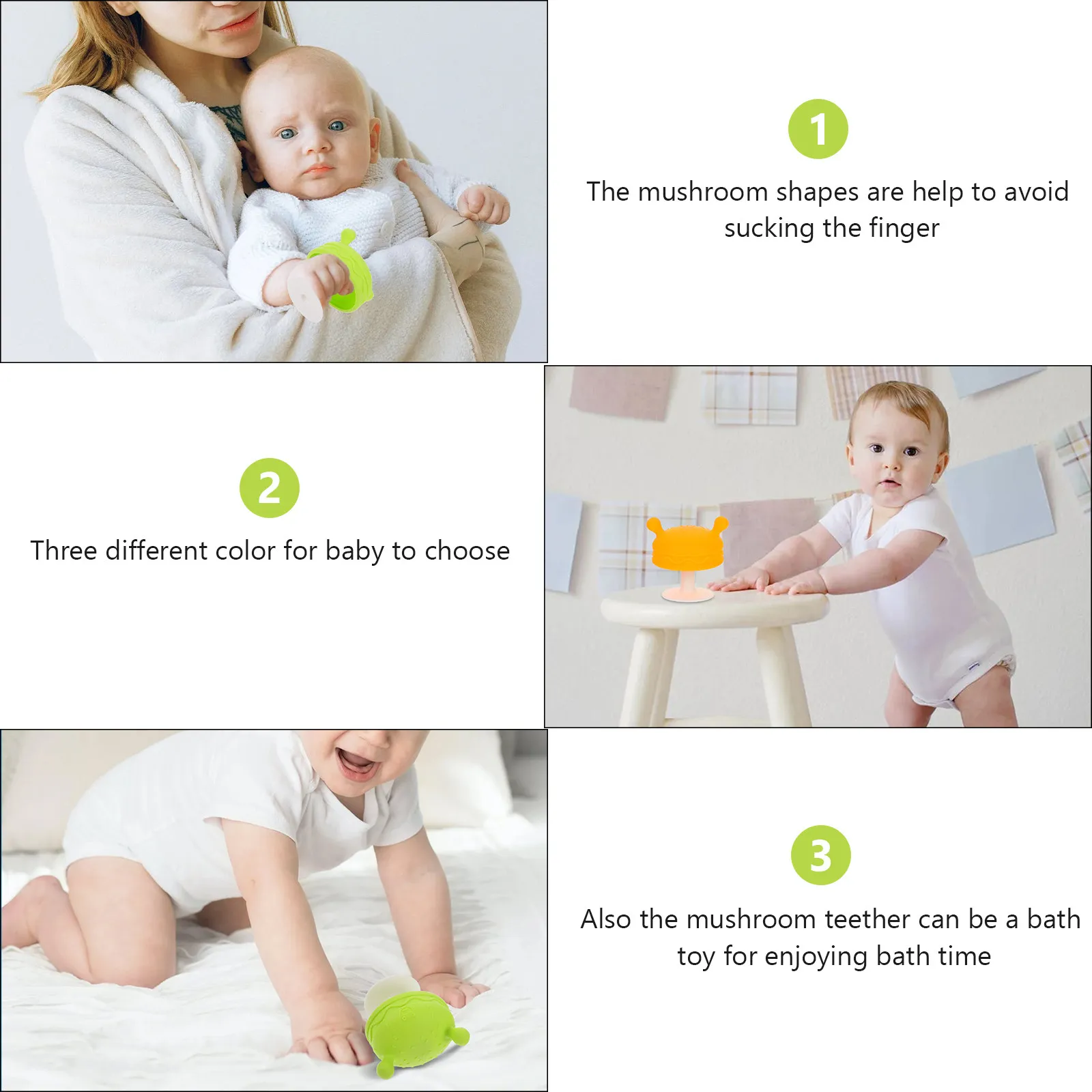 3-teiliges Set Cartoon-Pilz-Form Baby Silikon-Beißring Sensorisches Zahnungsspielzeug für Säuglinge Bade-Geschenk Baby-Beißspielzeug