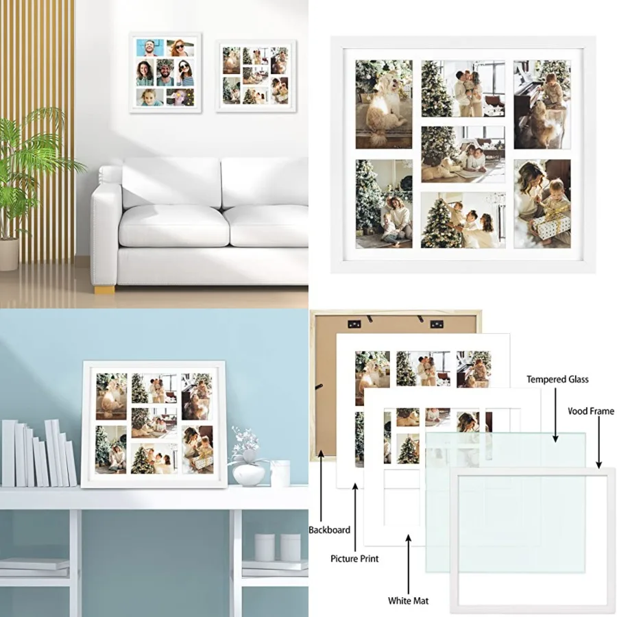 

13.7x15.7 Matted White Wood 7-Opening for 4x6 Collage Picture Frame