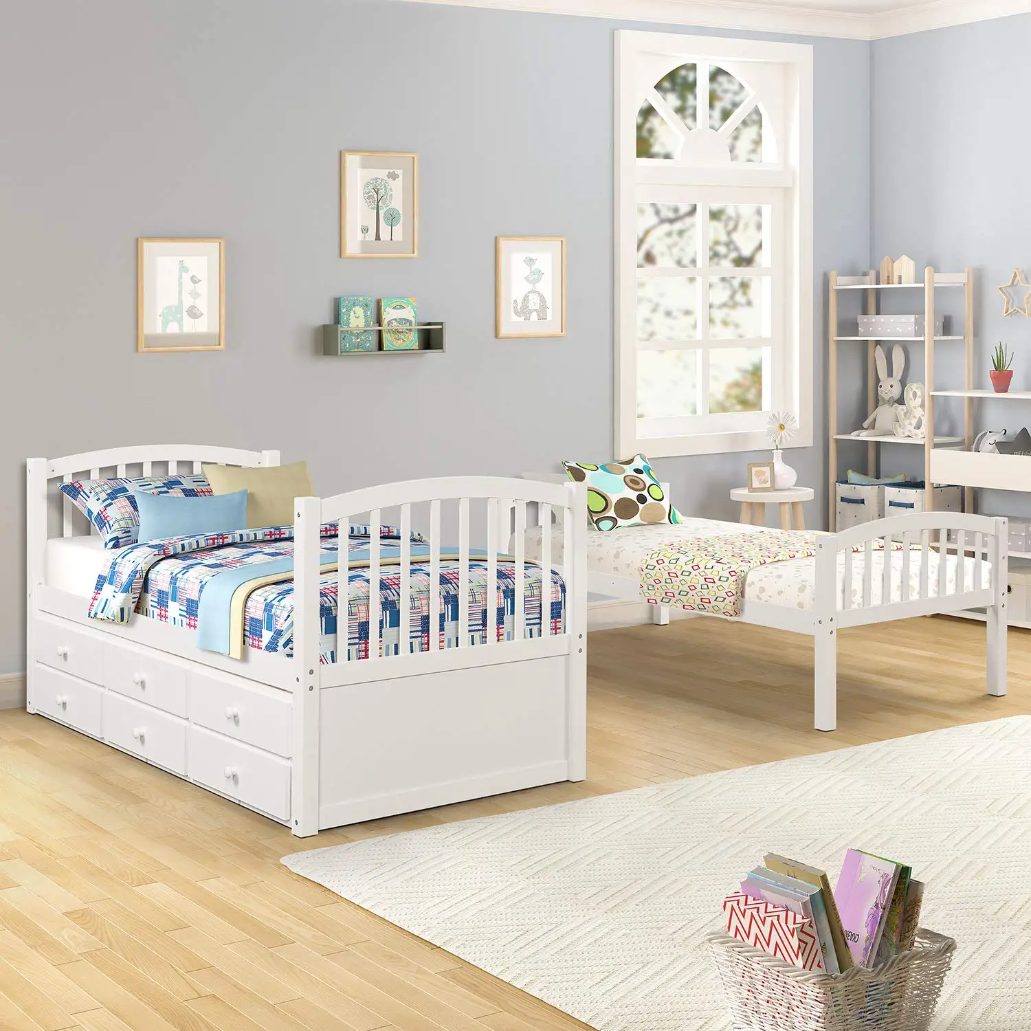 Twin Over Twin Bunk Bed with Trundle & 3 Drawers, Safety Rail, Removable Ladder, Separable into 3 Beds, White, Customized image 3