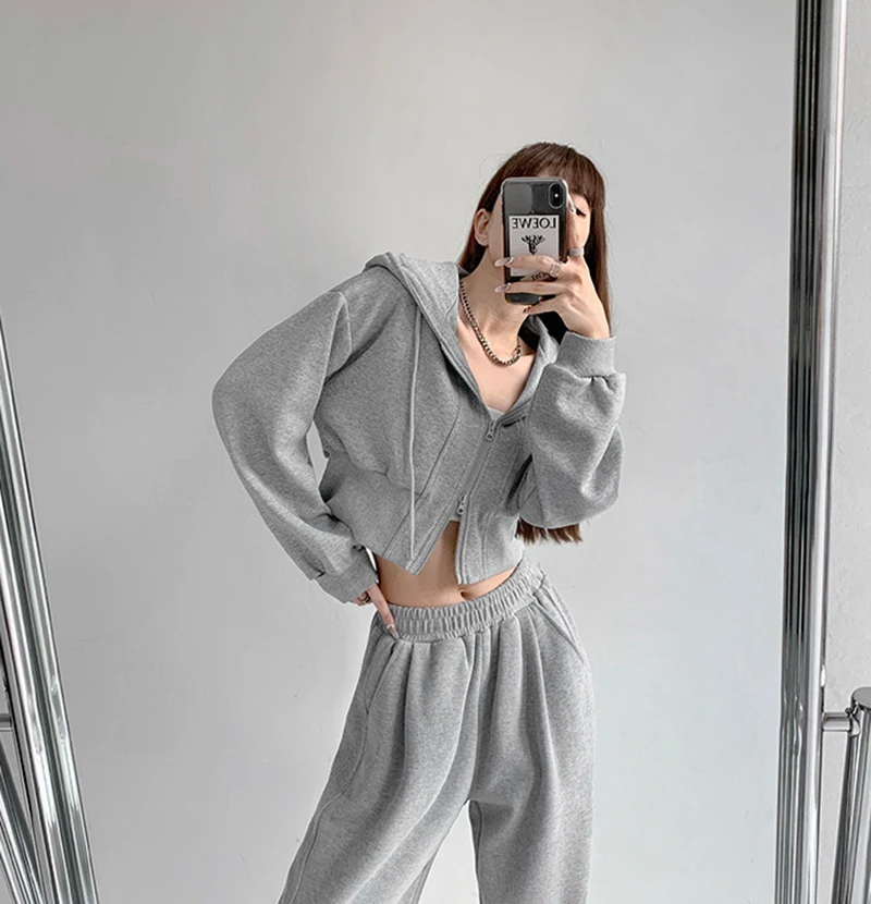 Women Cropped Hoodie Two Way Zipper Jacket Drawstring Hem Sweatshirt Slim Fit Long Sleeve Grey Athletic Yoga Gym Running Top