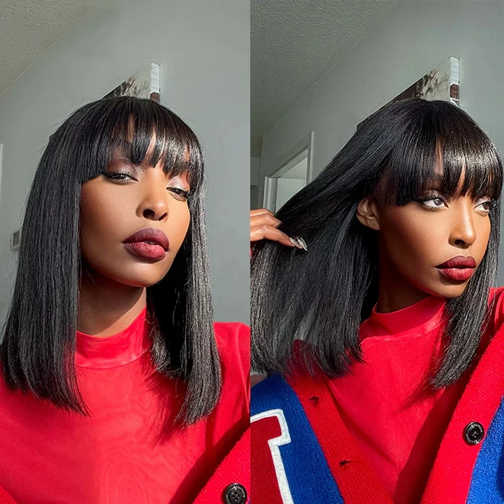 짧은 스트레이트 밥 가발 앞머리 포함 레이스 없는 여성용 가발 8-16인치 풀 머신 메이드 말레이시아 인모 가발 착용하기 쉬움