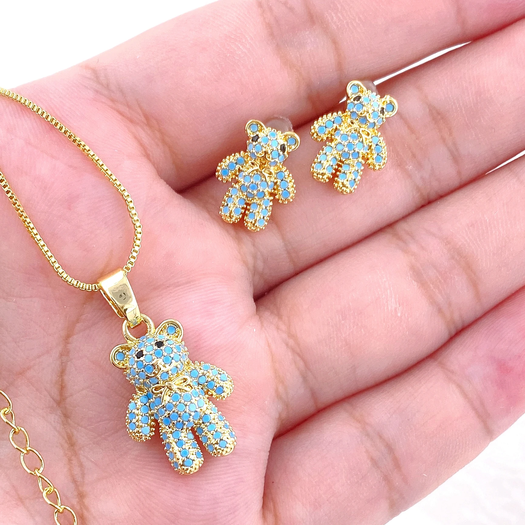 New Fashion Trendy Micro Pave Cubic Zirconia Chic Lucky Teddy Bear Necklace Stud Earrings Sets Multi Colors jewelry Gifts