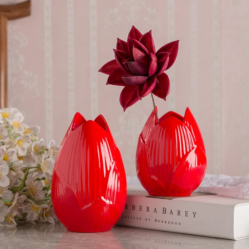 Modern Ceramic Vase with Red Lotus, Flower Pot, Porcelain Decoration, Desk Aesthetic Room, Minimalist Home Accessories