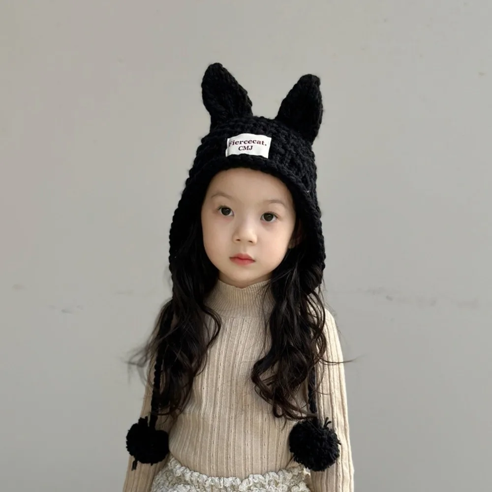 Korean Solid Color Baby Crochet Hat Soft Warm Autumn Winter Hand Knitted Cap Outdoor Rabbit Ear Ear Protection Cap Girls
