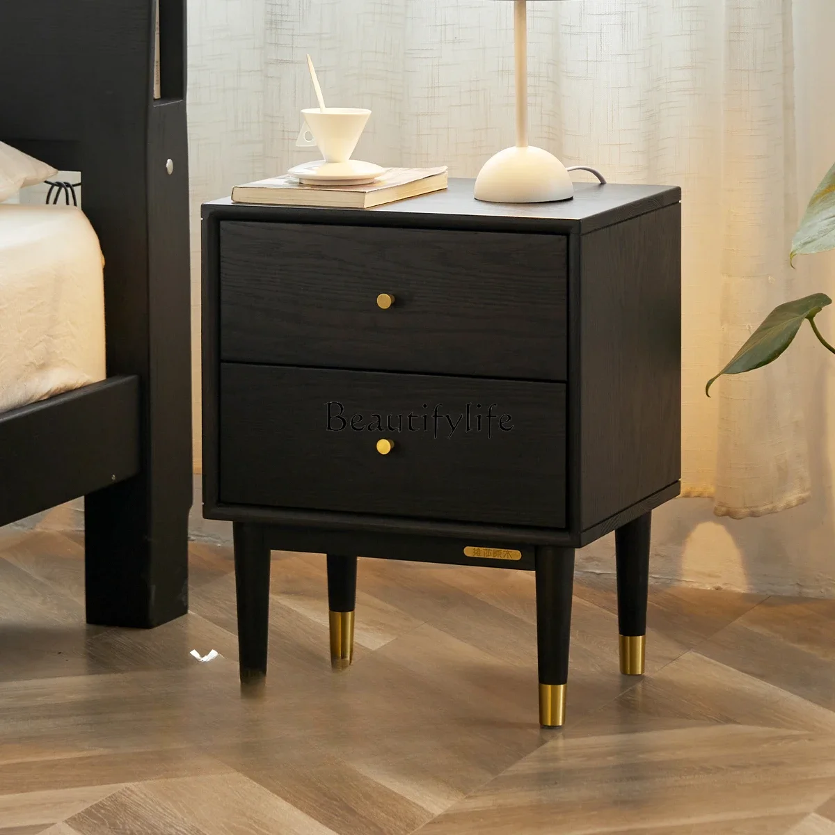 Solid wood bedside table American light luxury black simple oak bedroom bedside cabinet