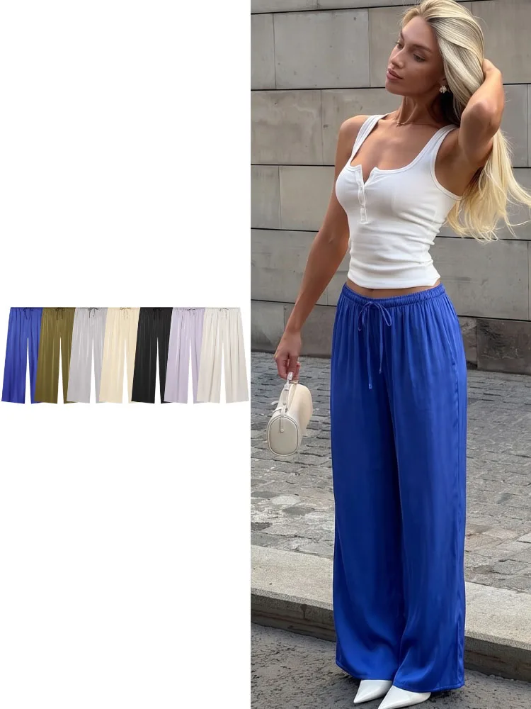 HH Women Summer Elegant Satin Long Pants Elastic Drawstring Waist Relaxed Fit For Holiday Dinner Date Party Vacation Travel Wear