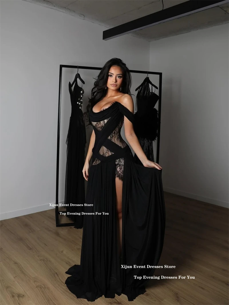 Xijun Sexy Black Lace Evening Dresses Off The Shoulder High Split Prom Dresses Plus Size Sleeveless Formal Prom Gowns Customized