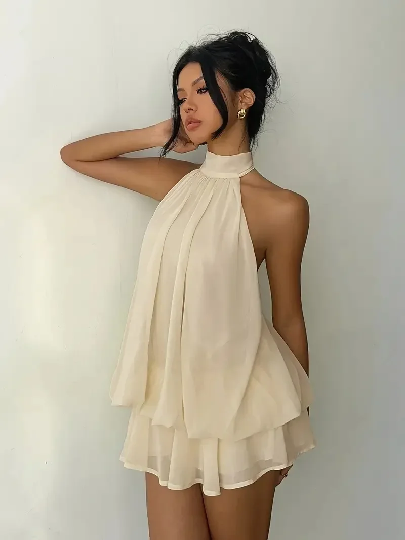 Damen Chiffon-Minikleid mit Neckholder, ärmellos, mehrlagig, mit Rüschen, fließend, einfarbig, locker, A-Linie, Sommer-Party, Strand, Freizeit-Sommerkleid – Detail 12