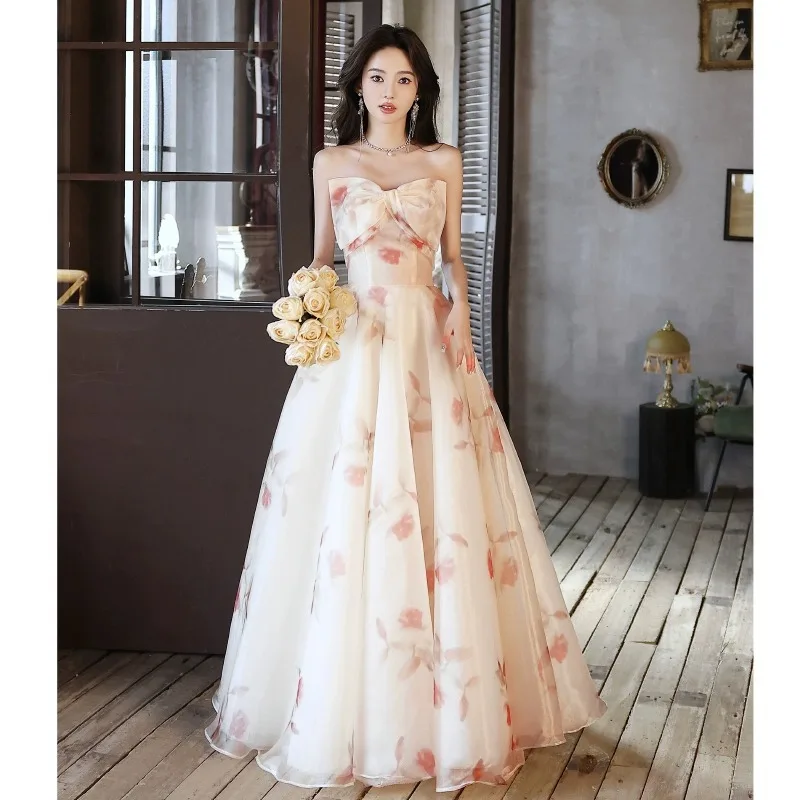 

Light Luxury Bow Women's Formal Dress French Style Sleeveless Evening Gowns Floral Pattern Strapless Floor Length Dress