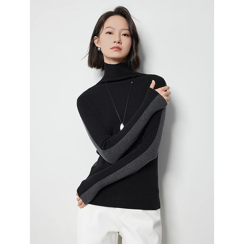 TOYOUTH Women Bottoming Sweater 2024 Autumn Winter Contrasting Color Long Sleeved Slim Waist High Collar Knitted Sweater Tops