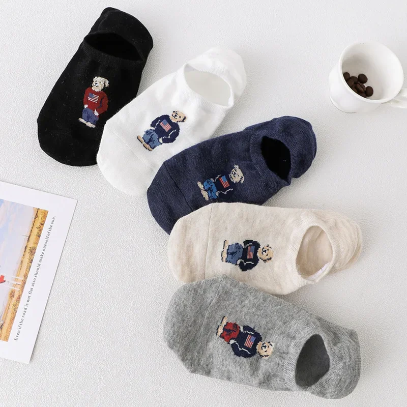 5pair/lot Fashion Men\'s Boat Socks Cartoon Bear Summer Autumn Non-slip Invisible Silicone Cotton Ankle Slippers Retro Stripe Men