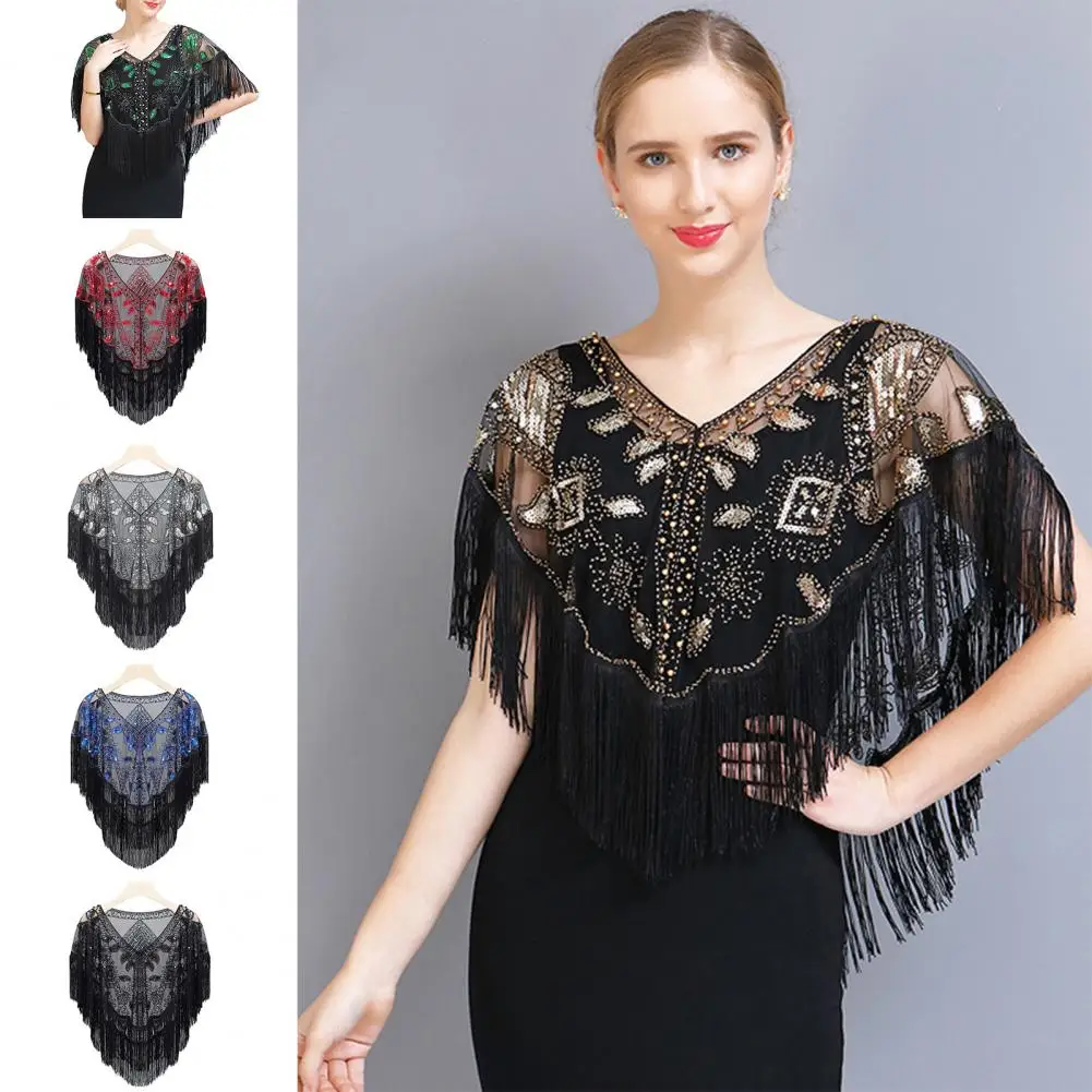 

Evening Dress Shawl 1920s Women's Sequined Shawl with Tassels Faux Pearl Fringe Sheer Mesh Wrap Cape Cover Up for V for Special