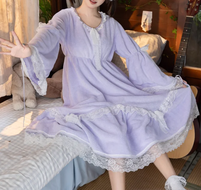 Lolita Women's Autumn Winter Round Neck Loose Age-reducing Coral Fleece Nightdress Cute Lace Splicing Pajamas Princess Dress
