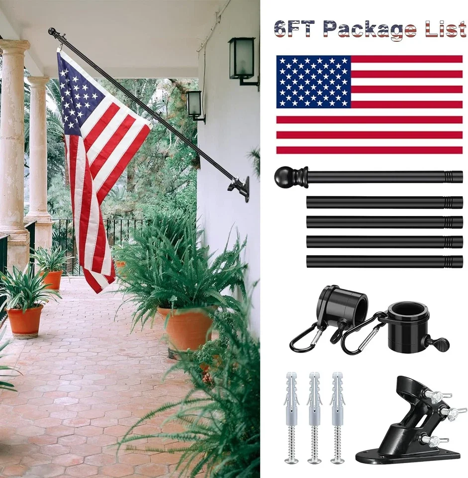 

6FT Telescopic Flag Pole Stainless Steel Adjustable Guide Banner Flag with Tangle-free 360 Rotating Rings Wall Mount Home Holder