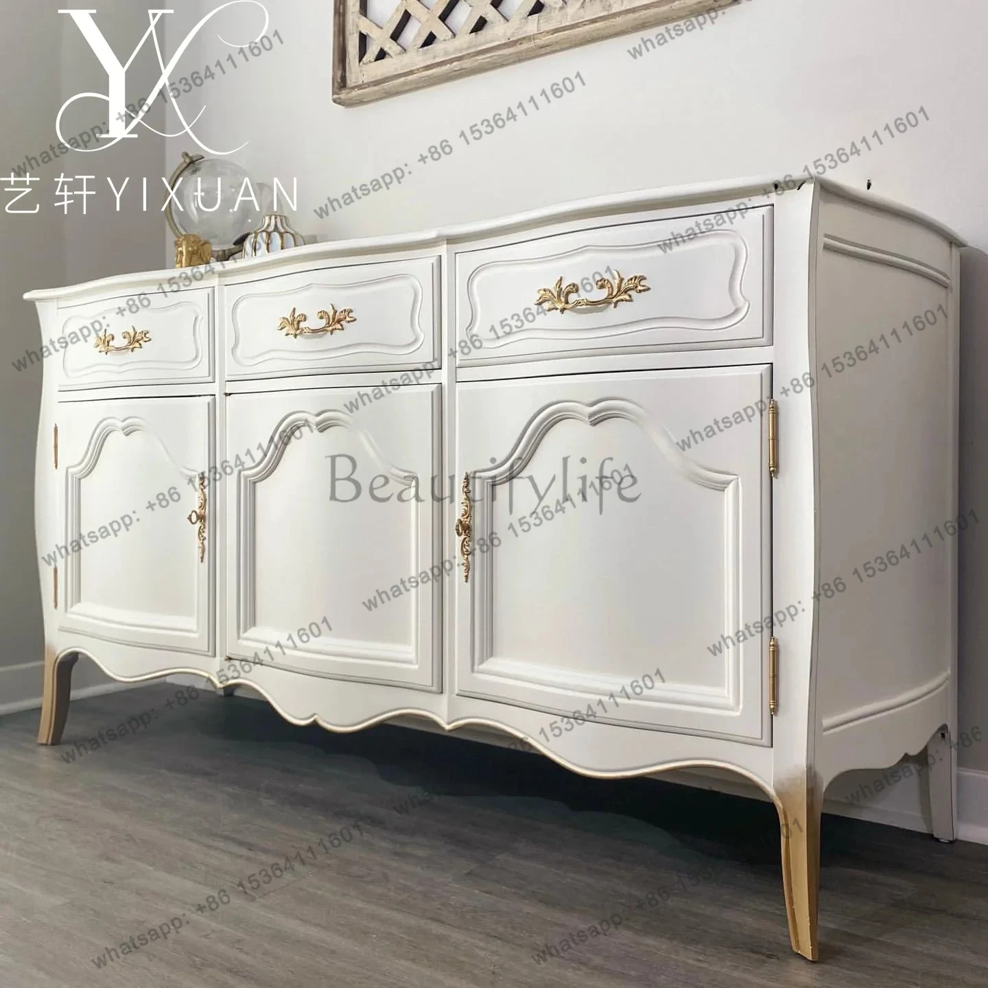 13French solid wood retro dining side cabinet American solid wood carving three doors against the wall storage cabinet