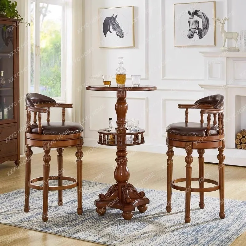 Solid wood bar chair high stool rotating bar counter antique black walnut backrest bar stool