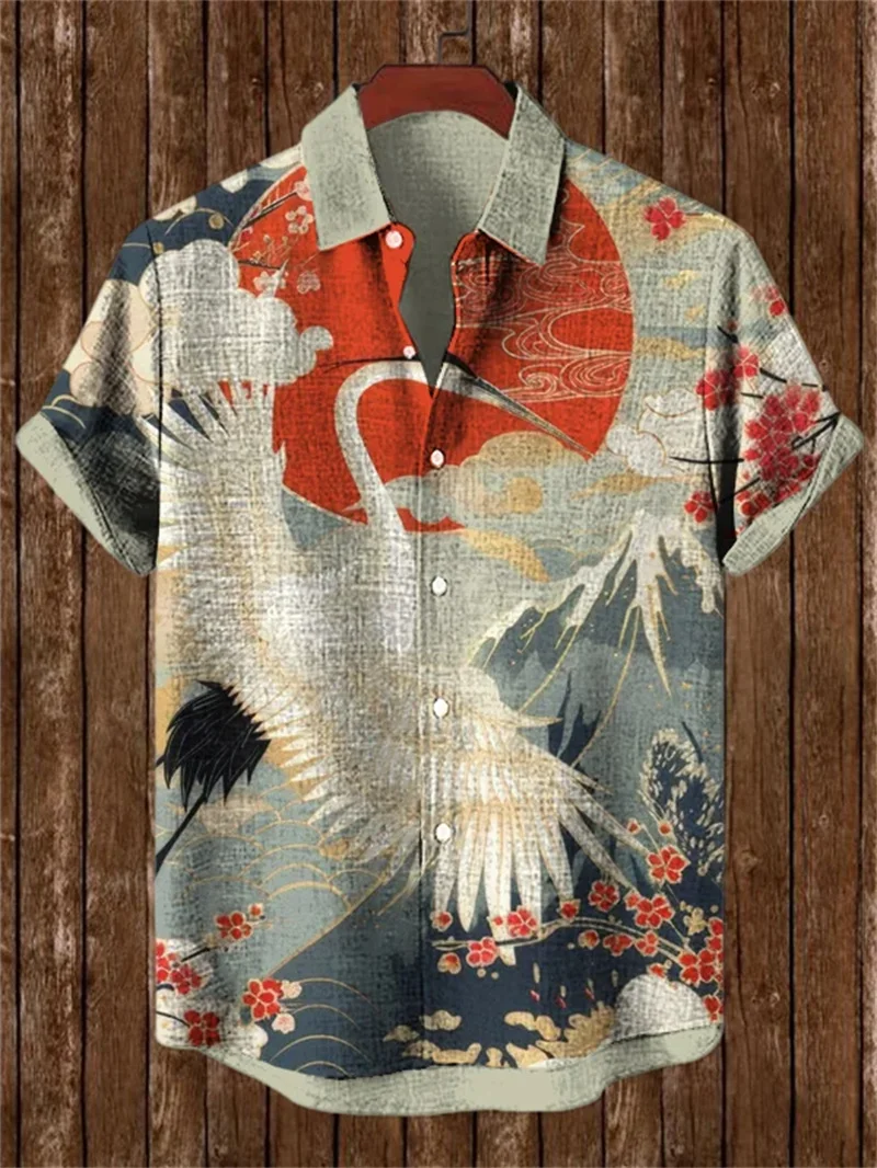 クラゲ柄の3Dプリントメンズリネン半袖シャツ、カジュアルなルーズフィットの半袖ボタンアップシャツトップ