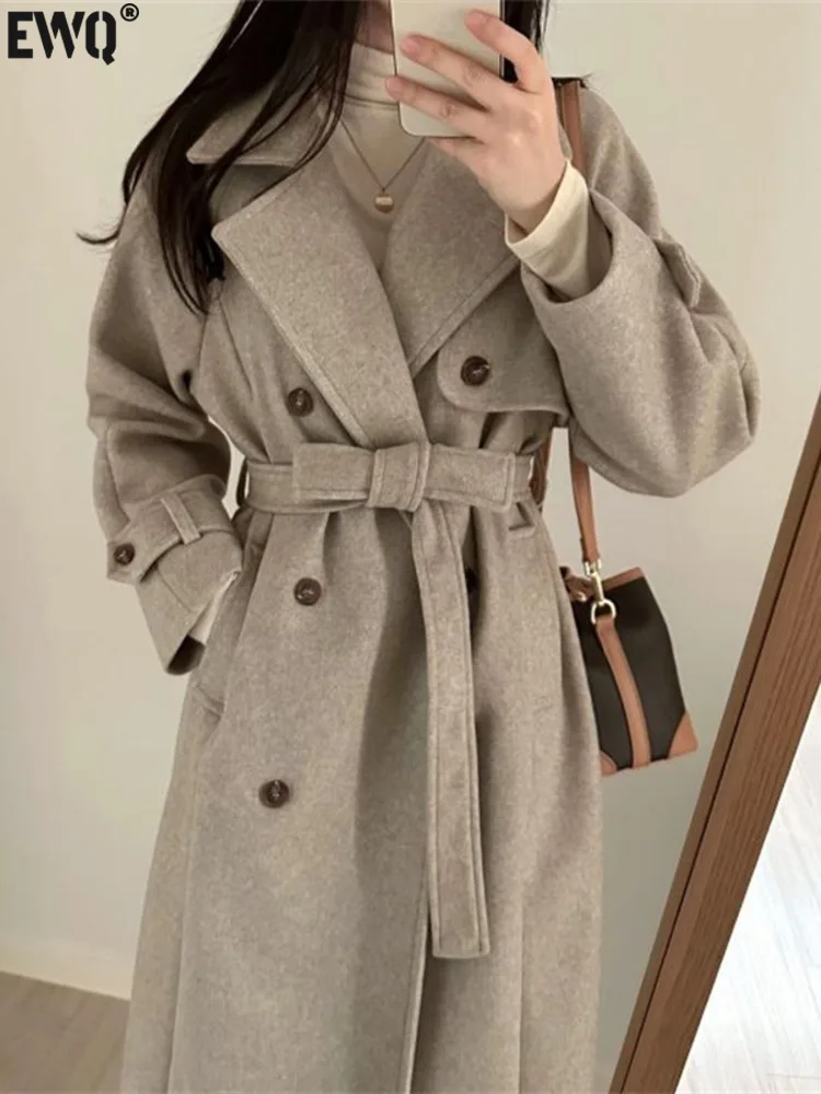 [EWQ] Korean Temperament Double Breasted Lace-up Double-faced Cashmere Coat Women Winter Thick Overcoats 2024 Autumn New 16O2722