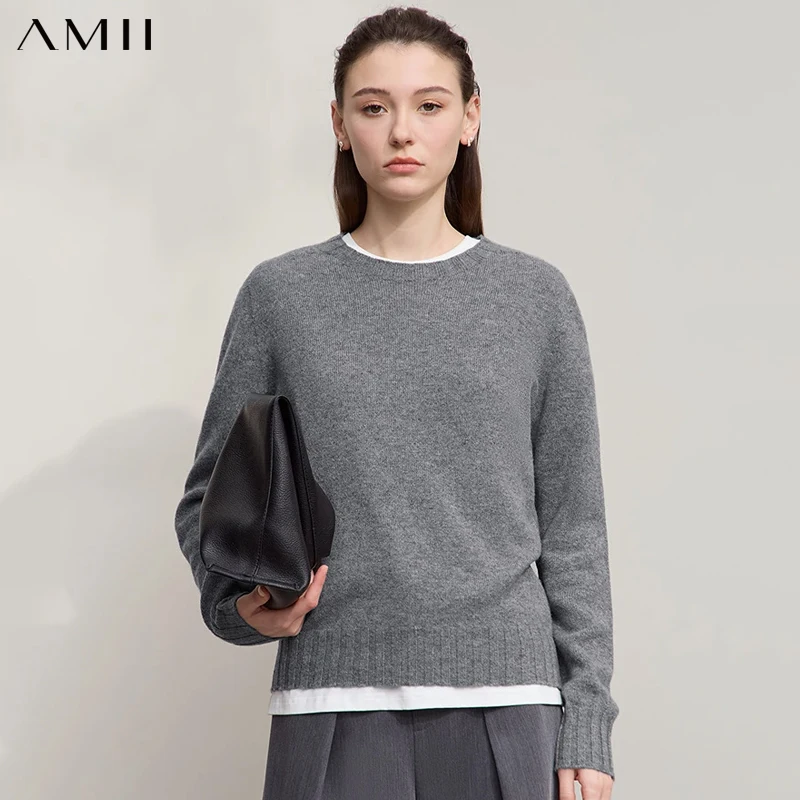 

AMII Pullover Sweater Women 2025 Autumn New Casual Elegant Woman Clothing Wool Solid O-neck Jumper Lady Knitted Tops 12513013