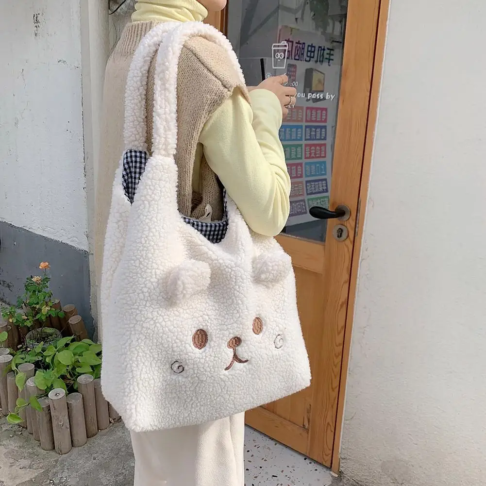 Sac d'école brodé de dessin animé pour femme, sac fourre-tout en peluche douce, sac shopper initié, mignon, hiver, nouveau