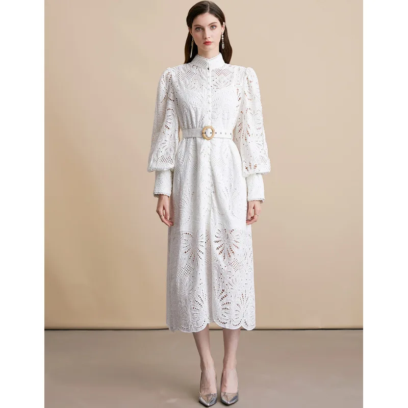 

Длинное платье с объемной вышивкой и кружевной отделкой на талии, белое, с завышенной талией, А-силуэт, для женщин среднего возраста, в уличном стиле