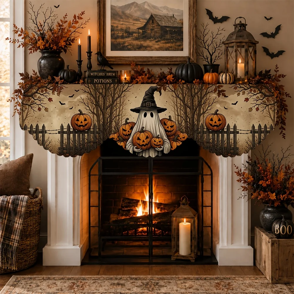 VIKAMA Halloween Fireplace Mantel Scarf Ghost Witch Pumpkin Mantel Topper Spooky Fireplace Shelf Cover Fall Home Indoor Decor