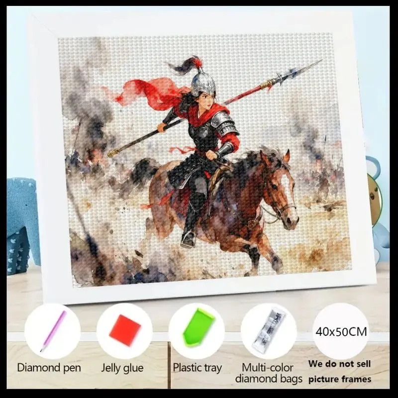

1PC 5D DIY Full Drill Diamond Painting Kit, Valiant Woman Warrior On Horseback With Spear Crystal Diamond Art, Epic Ancient Chin