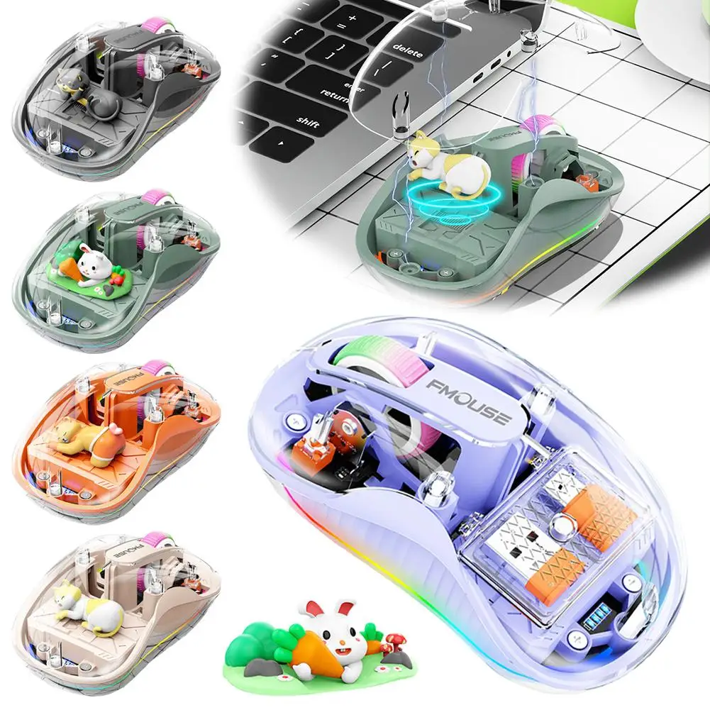 Three-Mode Rechargeable Mouse Cute Doll Transparent Cartoon Wireless Mause With Power Display for Tablets Laptop IPad Kids Gift