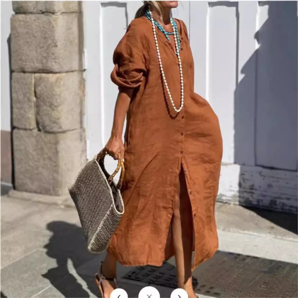 السيدات الربيع بلون سبليت فستان 2025 المرأة الجديدة فضفاضة طويلة الأكمام زر حتى سترة ماكسي قميص فستان رداء فضفاض غير رسمي