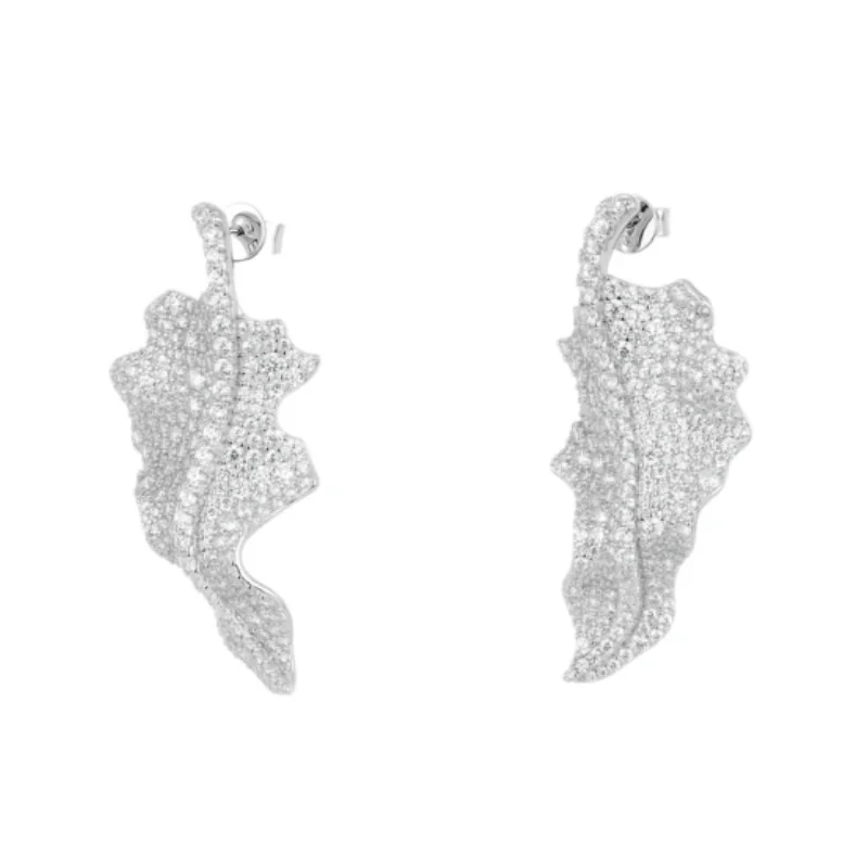 Bellux 925 Silver White Gold Color Leaf Shaped Synthetic Zircon Long Earrings Oversized Sparkling Earrings Nature Luxury Jewelry