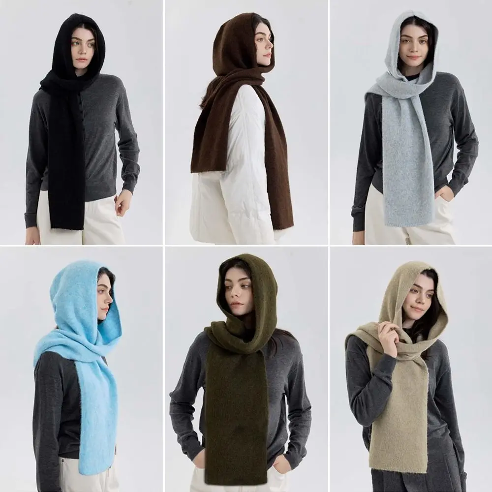 

Модный однотонный шарф с капюшоном, цельный утолщенный теплый шаль, мягкая вязаная шапка, осень-зима