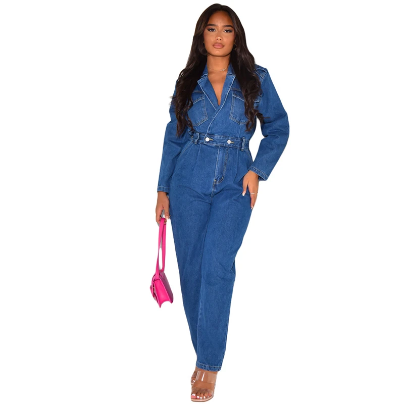 Fashion Sexy Tailored Collar Denim Long Jumpsuits Monos Largos Autumn Winter Stretch Full Length Jeans Jumpsuit Women Elegance