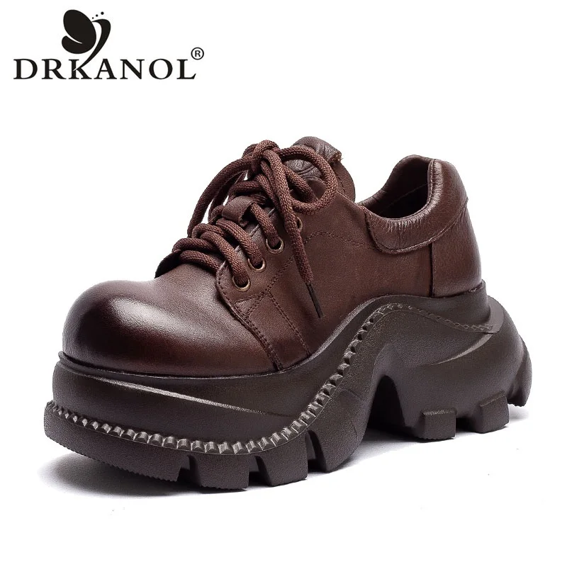 DRKANOL Women Thick Sole Height Increasing Shoes Handmade Retro Big Toe Genuine Cow Leather Chunky Platform Lace-Up Casual Shoes