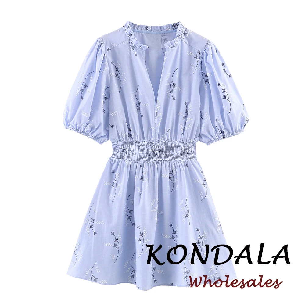 KONDALA 2026 Frühling Blaues Damen Freizeitkleid mit Drapierung und Stickerei, A-Linie Plissiertes Modisches Schickes Kleid für Frauen
