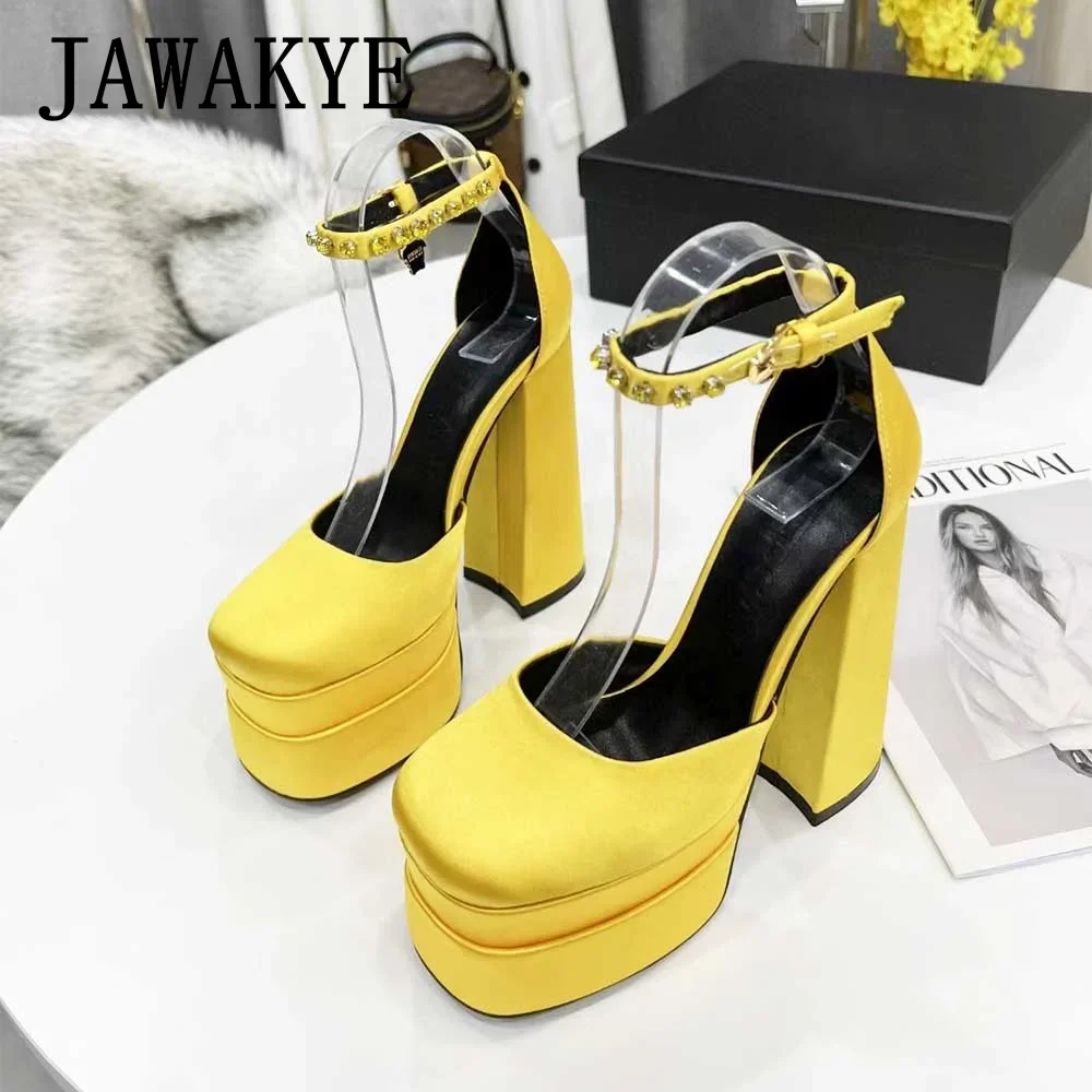 Elegant Women Mary Jane Shoes Satin Platform Super High Heel Party Shoes Square Toe Chunky Heel Crystal Women Wedding Shoes