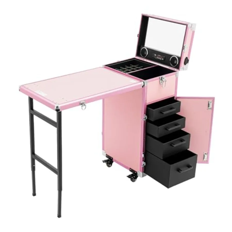 

Foldable Rolling Travel Nail Desk for salons, ABS plastic, white, 4 lockable drawers with smooth-rolling casters