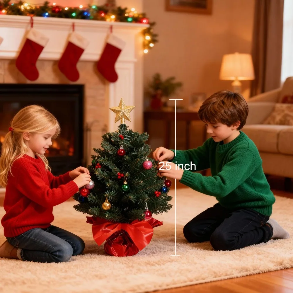 شجرة صنوبر صناعية صغيرة مقاس 24 بوصة لعيد الميلاد مع أضواء LED وحلي زخرفية لعرض عطلة الطاولة