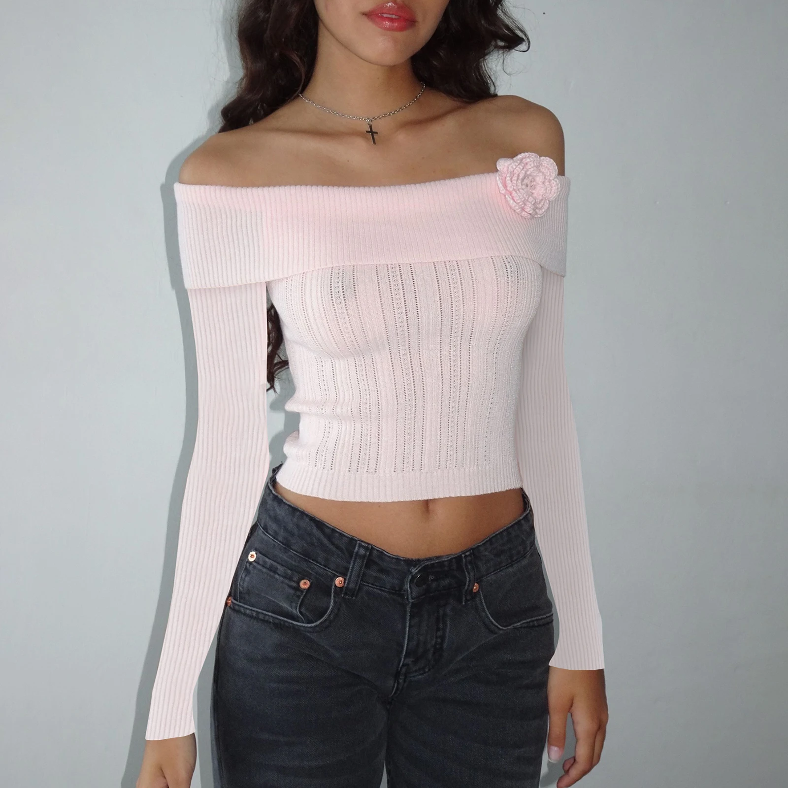 Gaono Women’s Knit Flower Decro Crop Tops Basic Solid Color Off Shoulder Long Sleeve T-Shirts Cropped Sweater Cottage Streetwear