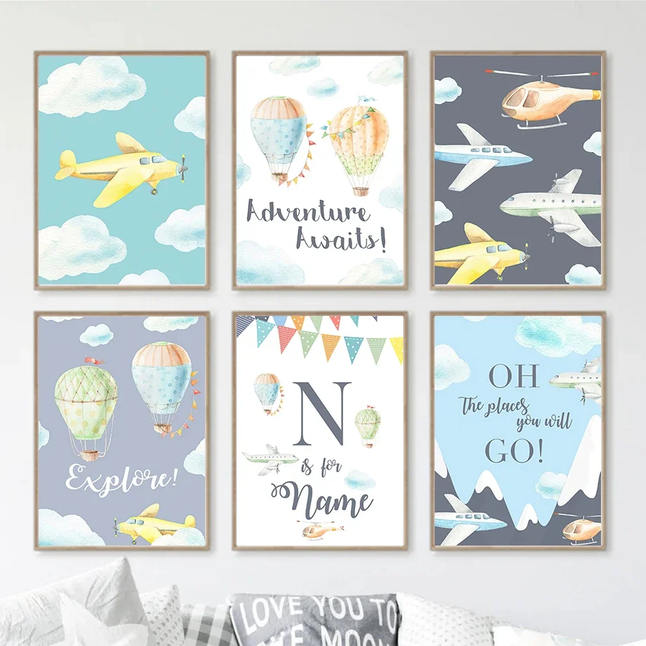 

Wall Art Canvas Painting Customized Name Airplane Hot Air Balloon Kids Nordic Posters And Prints Wall Pictures For Bedroom Decor