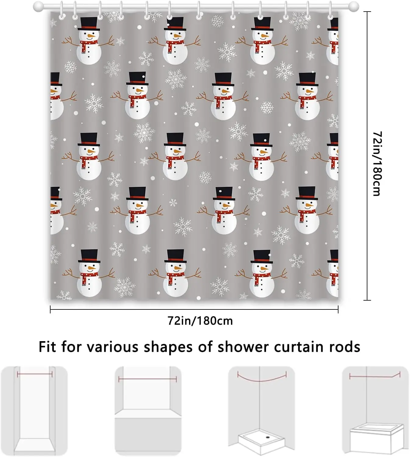 Snowman Shower Curtain for Bathroom, Grey Winter Christmas Snowman Snowflake Shower Curtain, Winter Holiday Bathroom Decorations