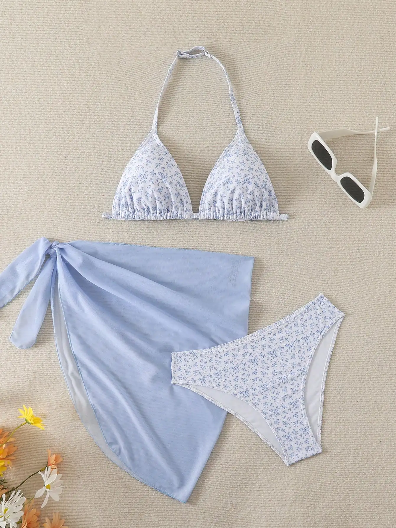 

Floral Print Triangle Bikini Top And Bottom With Light Blue Tie-Wrap Cover-Up For Summer Beach Vacation