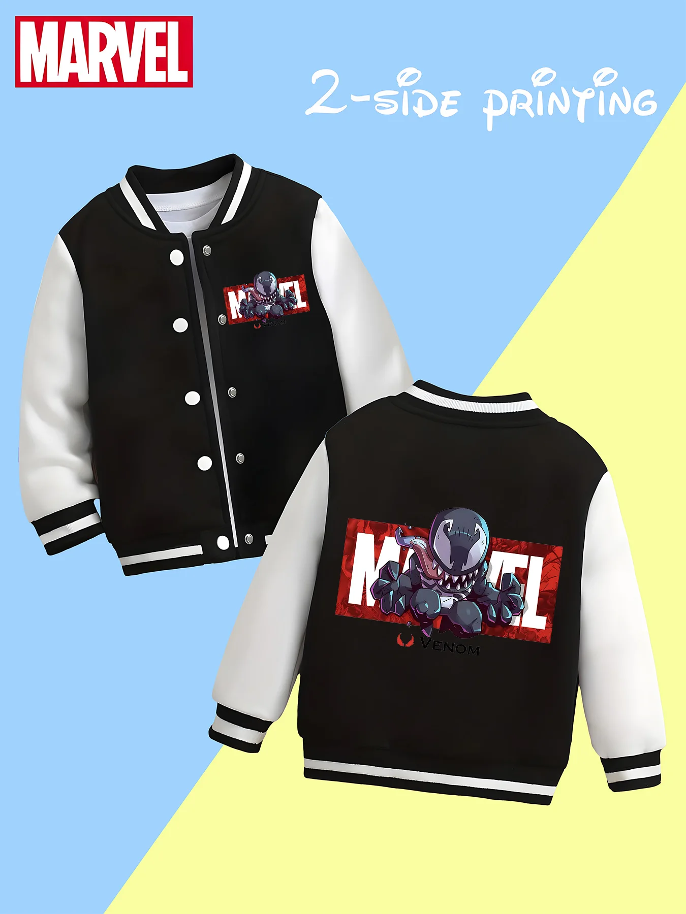 

MINISO Marvel Boys Baseball Jacket - Venom Personalized Print, Double-Sided Pattern Design, Soft and Comfortable Fabric, Fashion