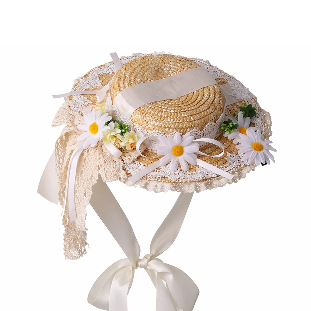 Lolita Straw Hat Women Girl Victorian Pastoral Style Lace Bonnet Hats For Costume Tea Party Flat Cap